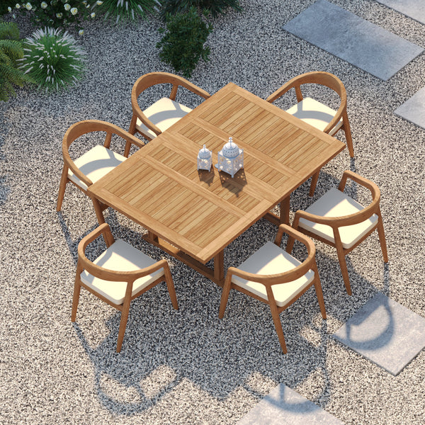 Teakhouten vierkante tot rechthoekige uitschuifbare tafel van 120–170 cm met 6 Sydney-stoelen – Teakhouten tuineetset