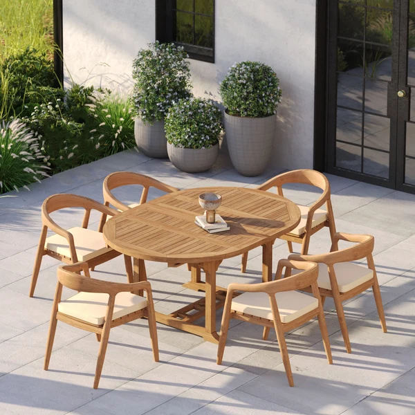 Ronde tot ovale uitschuifbare teakhouten tafel van 120-170 cm met 6 Sydney-stoelen – Teakhouten tuineetset