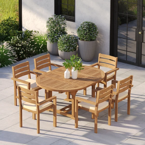 Uitschuifbare ronde tot ovale teakhouten tafel van 120–170 cm met 6 stapelbare Marlow-stoelen – Teakhouten tuineetset