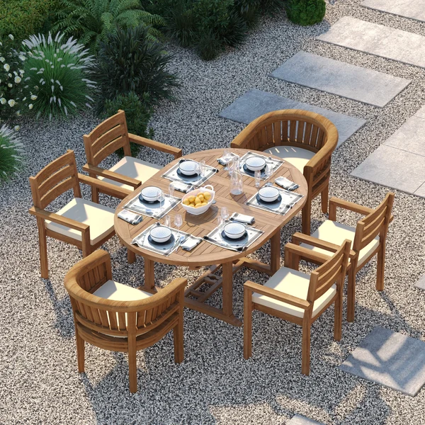 Ronde tot ovale uitschuifbare teakhouten tafel van 120-170 cm met 4 stapelbare Marlow-stoelen en 2 San Francisco-stoelen – Teakhouten tuineetset