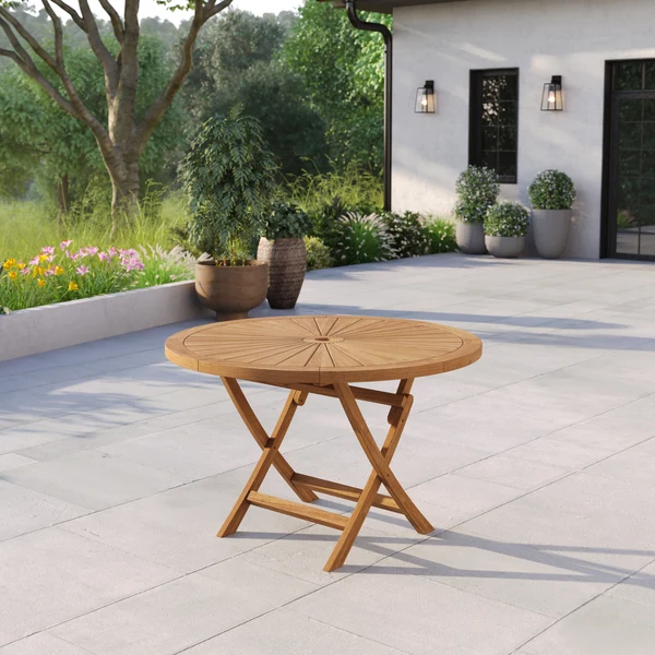 Ronde inklapbare tafel Sunshine van 120 cm, gemaakt van teakhout, met een blad van 4 cm dik.