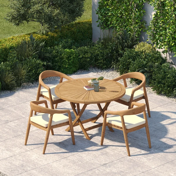 Teakhouten set 120 cm Sunshine Opklapbare tafel met 4 cm dik blad en 4 Sydney stoelen – Moderne teakhouten tuinset