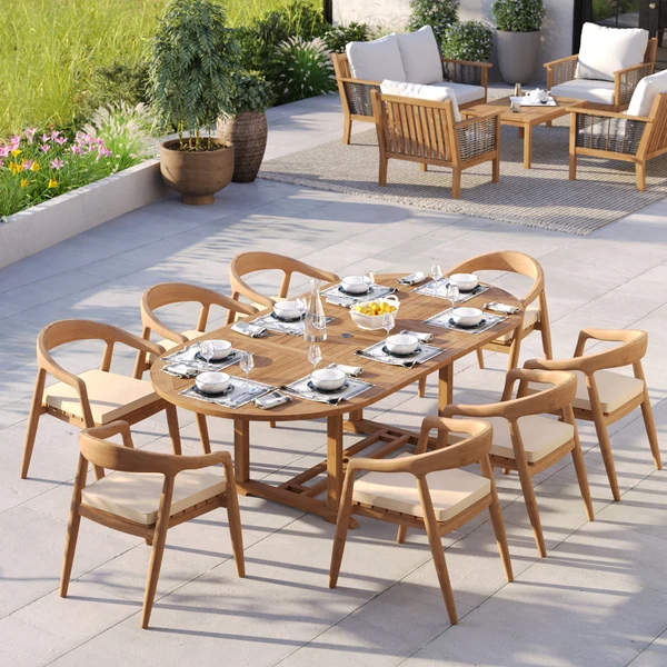 Teakhouten ovale uitschuifbare tafel van 180-240 cm met een blad van 4 cm dik en 8 Sydney-stoelen – Teakhouten tuineetset