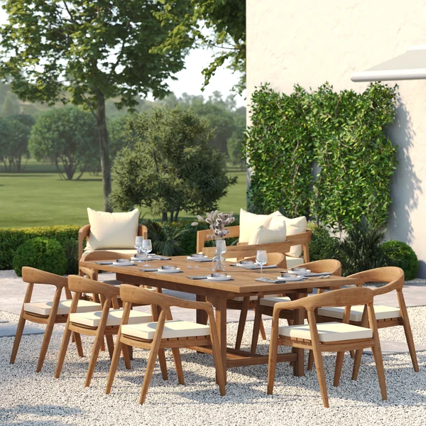 Teakhouten rechthoekige uitschuifbare tafel van 180-240 cm met een blad van 4 cm dik en 8 Sydney-stoelen – Tijdloze teakhouten tuinset