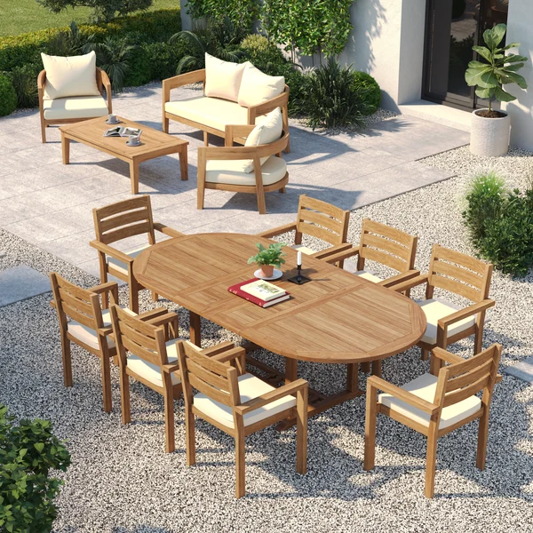 Teakhouten ovale uitschuifbare tafel van 180-240 cm met een blad van 4 cm dik en 8 stapelbare Marlow-stoelen – Teakhouten tuineetset