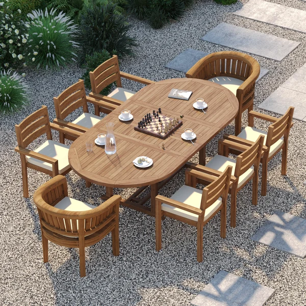 Teakhouten ovale uitschuifbare tafel van 180-240 cm met 6 stapelbare Marlow-stoelen en 2 San Francisco-stoelen – Teakhouten tuineetset