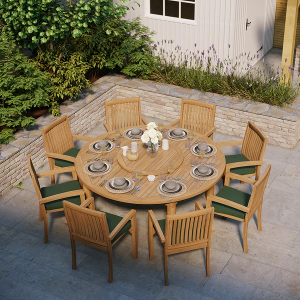 Teakhouten tuinset bestaande uit een ronde tafel van 180 cm (Maximus) met een blad van 4 cm dik en 8 stapelbare stoelen (Henley), inclusief gratis kussens.
