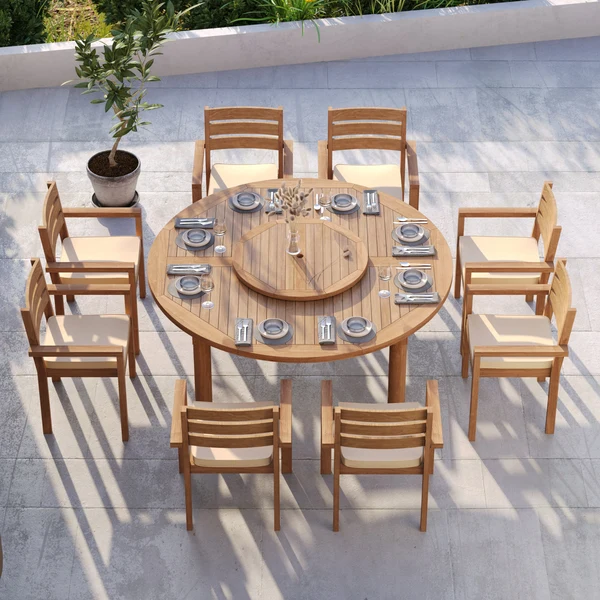 Teakhouten set: ronde Maximus tafel van 180 cm met vaste tafel en 8 stapelbare Marlow stoelen – Teakhouten tuineetset