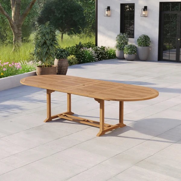Teakhouten tuinmeubelen, ovale uitschuifbare tafel van 200-300 cm, blad 4 cm dik.