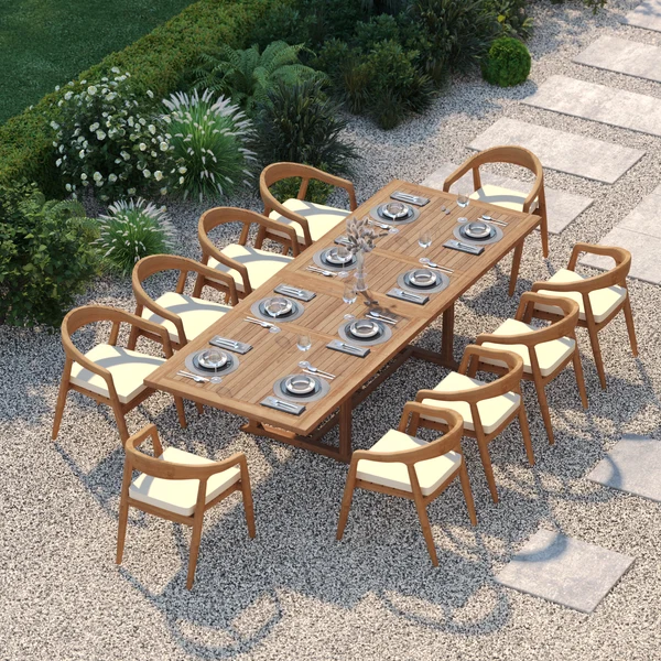 Teakhouten tuinset bestaande uit een rechthoekige uitschuifbare tafel van 200-300 cm met een blad van 4 cm dik en 10 Sydney-stoelen – een hoogwaardige Europese tuinset.