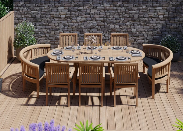 Teakhouten tuinmeubelen, uitschuifbare tafel van 180-240 cm met een blad van 4 cm dik (6 stapelbare Henley stoelen, 2 San Francisco banken, inclusief gratis kussens)