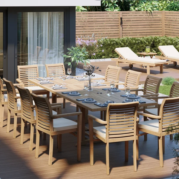 Gigantische teakhouten tuinset, rechthoekige uitschuifbare tafel van 2-3 meter met een blad van 4 cm dik en 12 stapelbare Oxford-stoelen, inclusief gratis kussens.