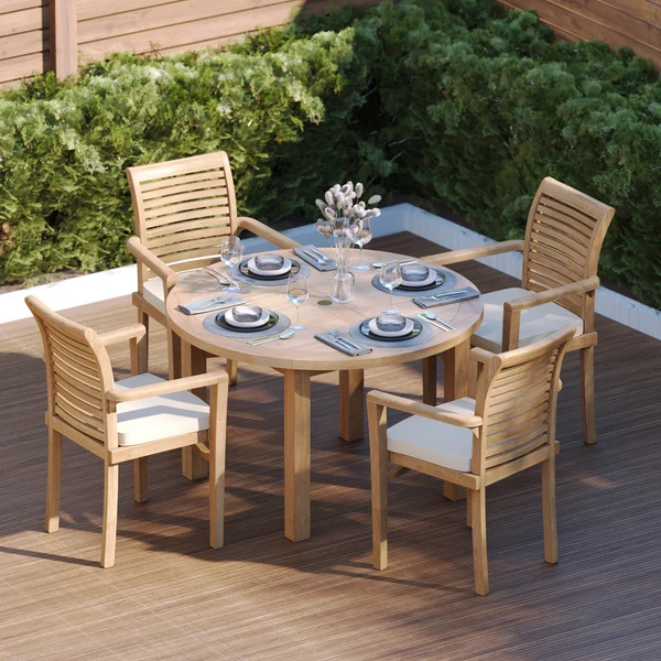 Teakhouten set: 120 cm Maximus ronde vaste tafel met 4 cm dik blad, inclusief 4 stapelbare Oxford stoelen en gratis kussens.
