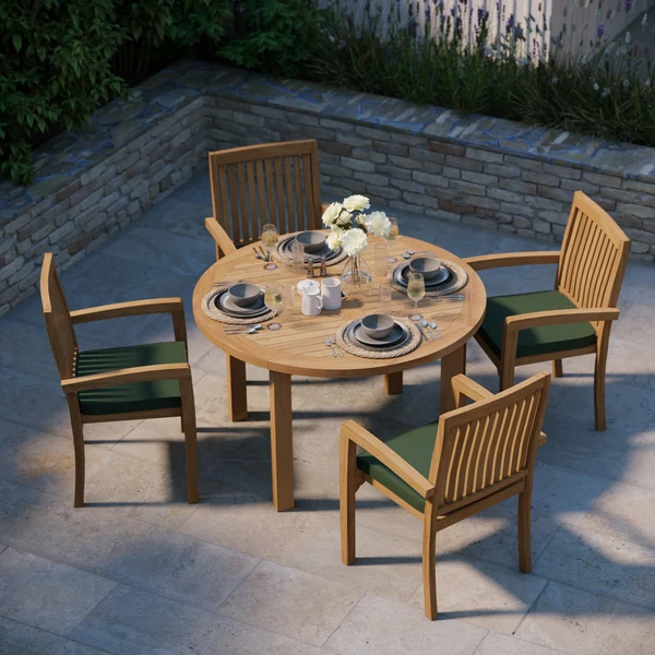 Teakhouten set: ronde tafel Maximus (120 cm, 4 cm dik) met blad, inclusief 4 stapelbare stoelen Henley en gratis kussens.
