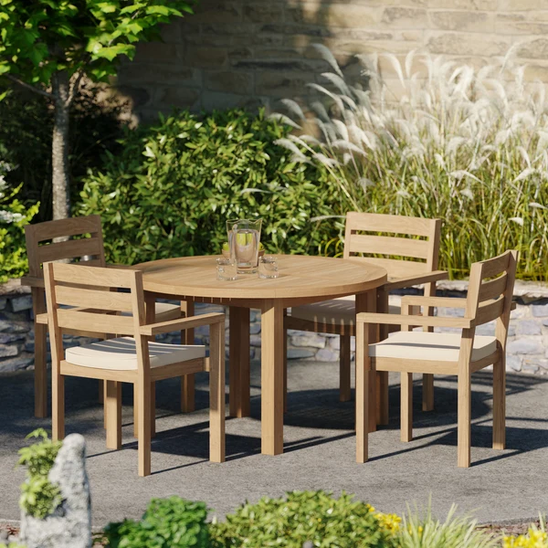 Teakhouten set: ronde tafel Maximus (120 cm, 4 cm dik) met blad, inclusief 4 stapelbare stoelen Marlow en gratis kussens.