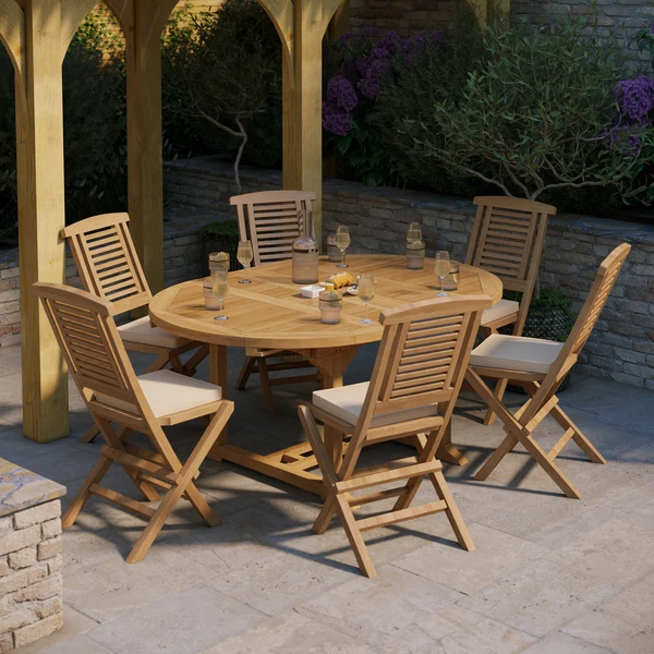 Teakhouten tuinmeubelen, rond tot ovaal, 120-170 cm, uitschuifbare tafel met 4 cm dik blad en 6 inklapbare Hampton stoelen, inclusief gratis kussens.