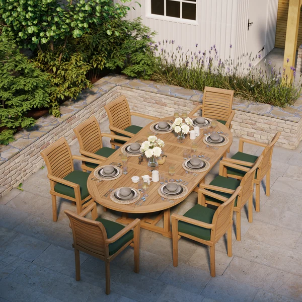 Ovaal tuinmeubel van teakhout, uitschuifbare tafel van 180-240 cm met een blad van 4 cm dik en een breedte van 120 cm, inclusief 8 stapelbare Oxford-stoelen en gratis kussens.