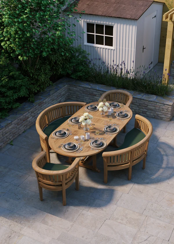 Teakhouten tuinset: ovale tafel van 180-240 cm met uitschuifbaar blad van 4 cm dik en 120 cm breed, met 2 San Francisco stoelen en 2 banken, inclusief gratis kussens.
