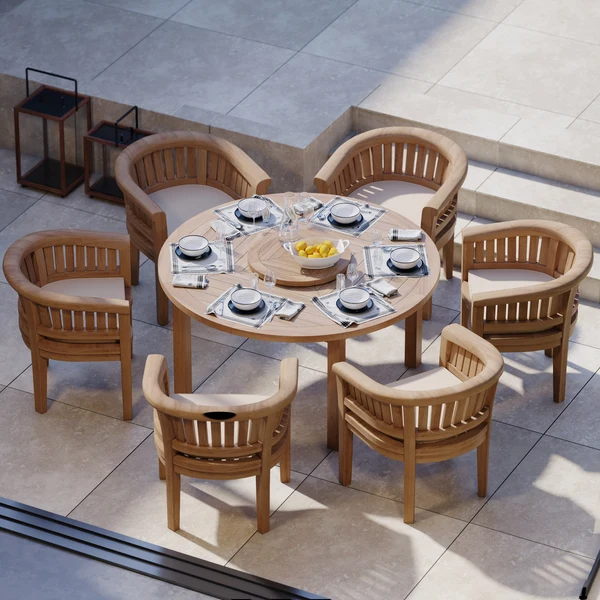 Luxor ronde tafel van 150 cm met een tafelblad van 4 cm dik, inclusief 6 San Francisco stoelen en gratis kussens.