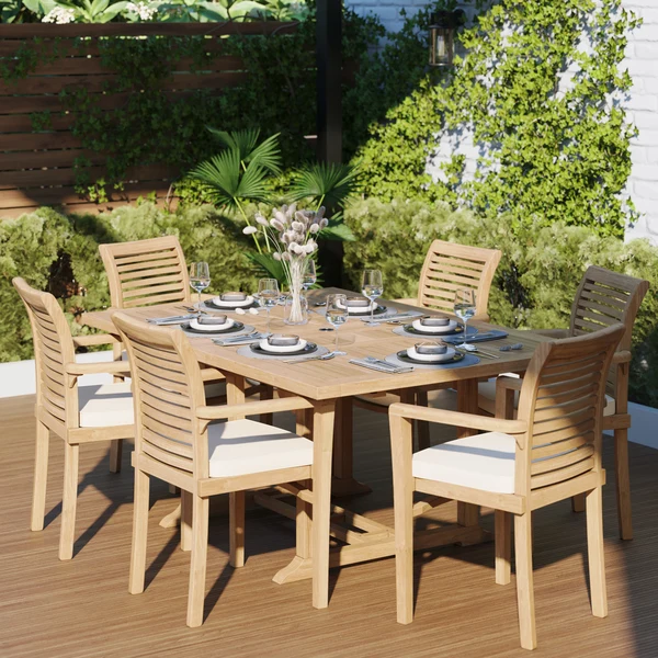 Teakhouten tuinmeubelen, vierkant tot rechthoekig, 120-170 cm. Uitschuifbare tafel met 6 stapelbare Oxford-stoelen, inclusief gratis kussens.