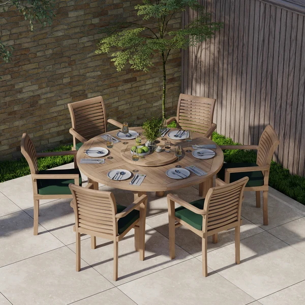 Teakhouten tuinset bestaande uit een ronde tafel van 150 cm (Maximus, blad 4 cm dik) met 6 stapelbare stoelen (Oxford, inclusief gratis kussens).