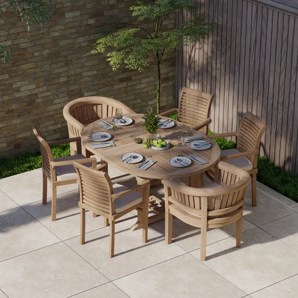 Teakhouten tuinmeubelen: Ronde tot ovale, uitschuifbare tafel van 120-170 cm lang met 4 Oxford-stoelen en 2 San Francisco-stoelen, inclusief gratis kussens.