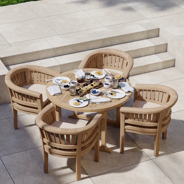 Teakhouten tuinset, ronde tot ovale tafel van 120-170 cm met 4 San Francisco stoelen, inclusief gratis kussens.