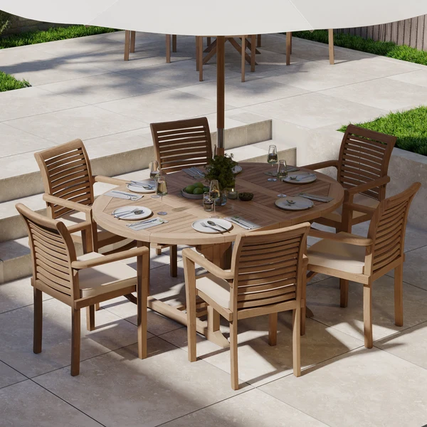 Teakhouten tuinmeubelen: ronde tot ovale uitschuifbare tafel van 120-170 cm met een blad van 4 cm dik, inclusief 6 stapelbare Oxford-stoelen en gratis kussens.