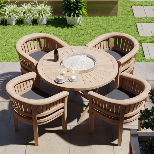 Teakhouten tuinset bestaande uit een ronde, inklapbare tafel van 120 cm (Sunshine) met 4 teakhouten stoelen (San Francisco), inclusief gratis kussens.