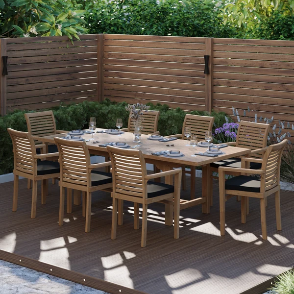 Teakhouten tuinmeubelen, rechthoekig, 180-240 cm uitschuifbare tafel met 4 cm dik blad, inclusief 8 stapelbare Oxford-stoelen en gratis kussens.