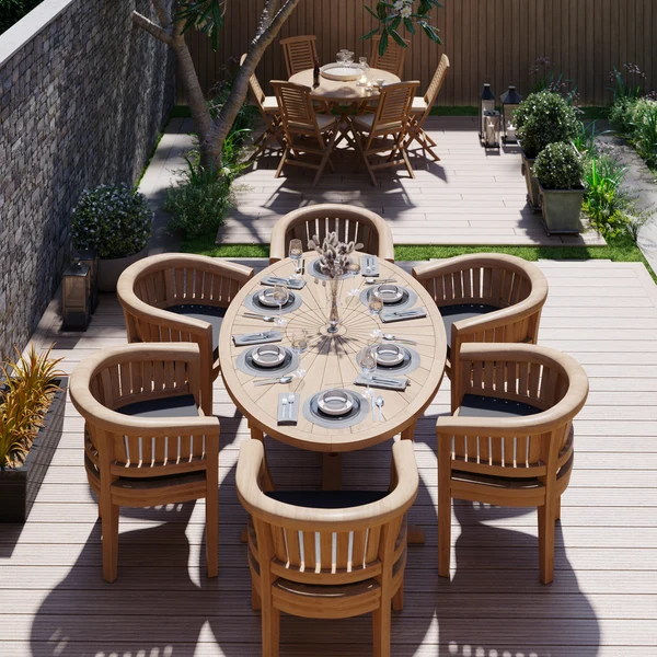 Teakhouten tuinmeubelset 2 meter Sunshine Tafel met 6 San Francisco-stoelen, inclusief gratis kussens.