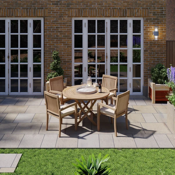 Teakhouten set: ronde, opklapbare tafel van 120 cm met spiraalvormig ontwerp en een blad van 4 cm dik, inclusief 4 stapelbare Henley-stoelen en gratis kussens.