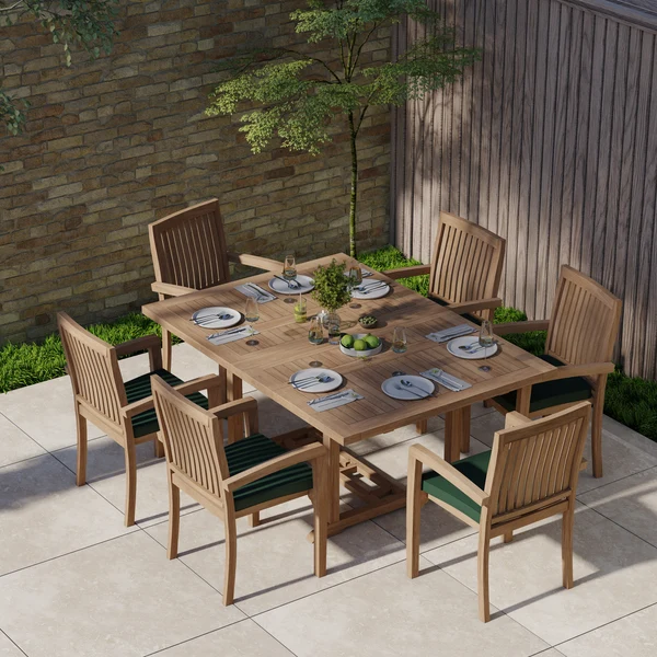 Teakhouten tuinmeubelen, vierkant tot rechthoekig, 120-170 cm, uitschuifbare tafel met 4 cm dik blad en 6 stapelbare Henley-stoelen, inclusief gratis kussens.