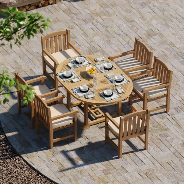 Ronde tot ovale uitschuifbare teakhouten tafel van 120-170 cm met een blad van 4 cm dik, inclusief 6 Warwick stoelen en gratis kussens.