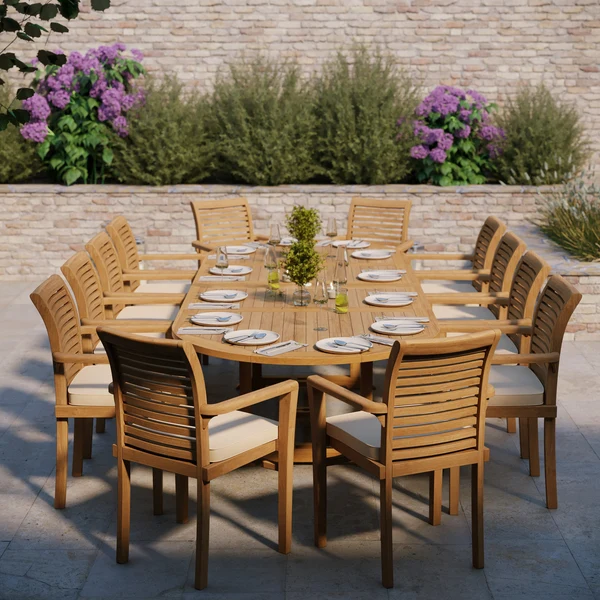 Gigantische ovale teakhouten set met uitschuifbare tafel van 2-3 meter en een blad van 4 cm dik, inclusief 12 stapelbare Oxford-stoelen en gratis kussens.