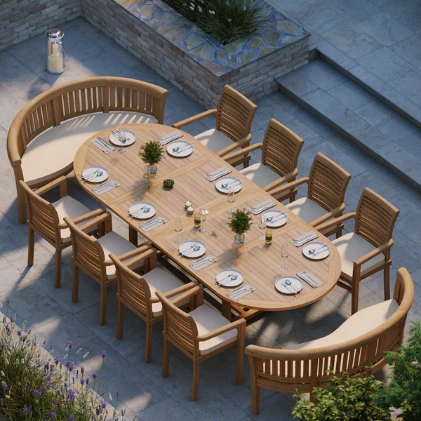 Ovale teakhouten tafel van 2 tot 3 meter, uitschuifbaar, met een blad van 4 cm dik, inclusief 8 stapelbare Oxford-stoelen en 2 San Francisco-banken, en gratis kussens.