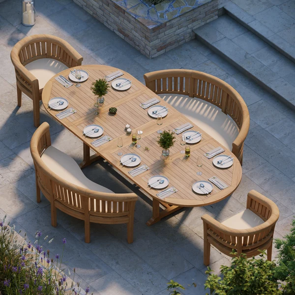 Teakhouten tuinset bestaande uit een ovale tafel van 2-3 meter met een uitschuifbaar blad van 4 cm, 2 San Francisco stoelen en 2 banken, inclusief gratis kussens.