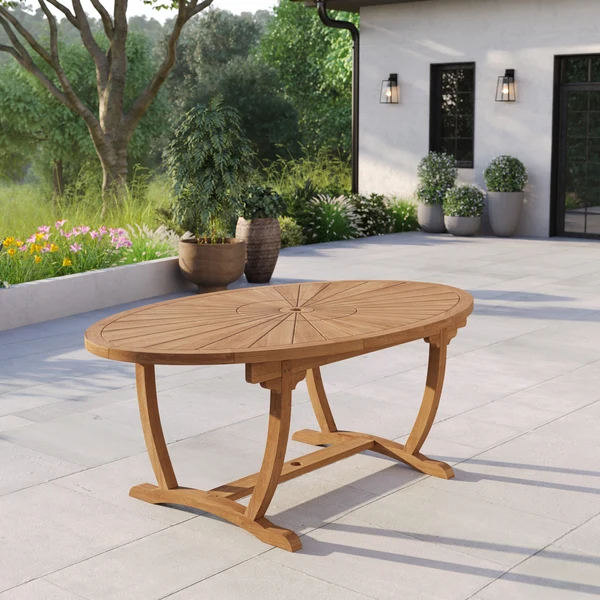 Teakhouten ovale tafel van 2 meter met Sunshine-design en een blad van 4 cm dik, inclusief geïntegreerde draaischijf.