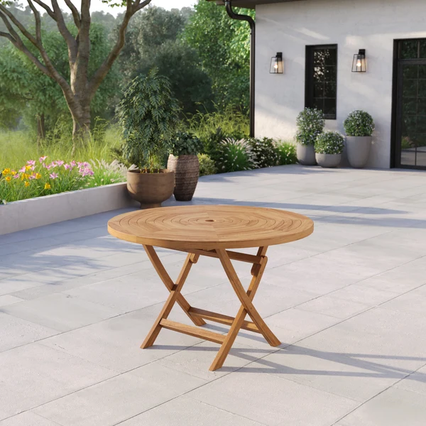 Teakhouten tuinmeubelen spiraalvormig ronde inklapbare tafel van 120 cm met een blad van 4 cm.