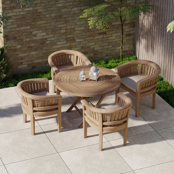 Teakhouten set bestaande uit een ronde, opklapbare spiraalvormige tafel van 120 cm met een blad van 4 cm dik, 4 San Francisco stoelen en gratis kussens.