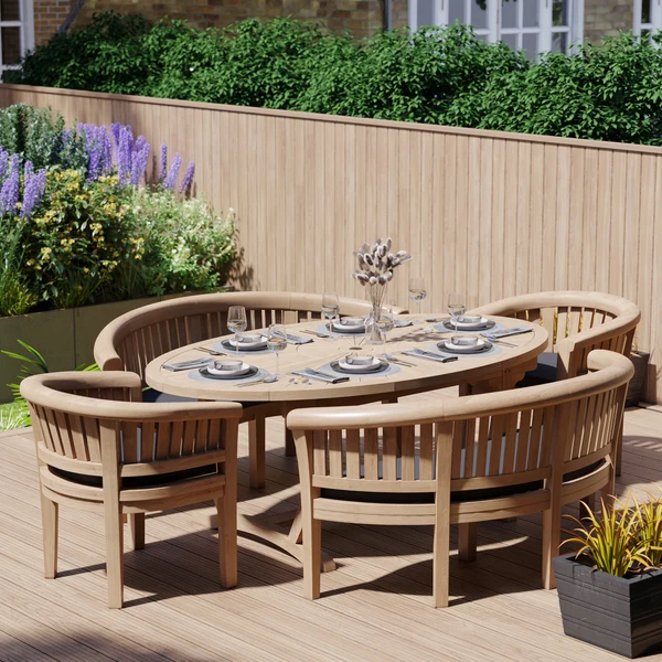 Teakhouten tuinset - 2 meter lange Sunshine tafel met 2 San Francisco stoelen en 2 San Francisco banken, inclusief gratis kussens.